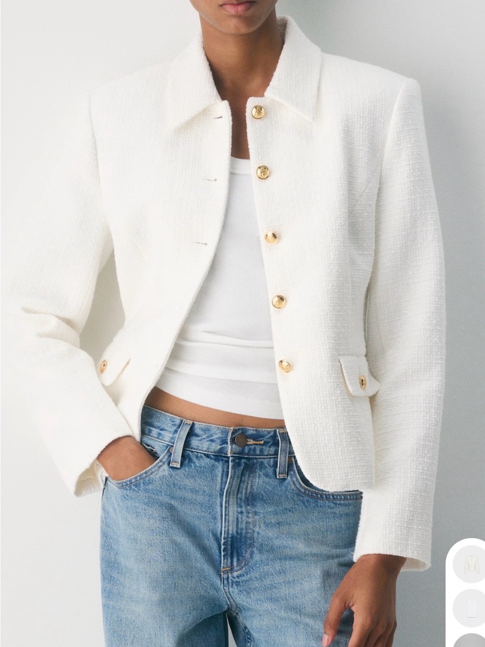 Aritzia White Tweed Blazer with Gold Buttons